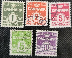 Denmark, 1933-40, crown & numerals,#220-21,223-24,230, used, SCV$1.75