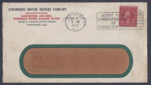 US 1928 ADVERTISING COVER STROMBERG MOTOR CO CHICAGO IL FRANKED 2¢ COIL MOTORIZE