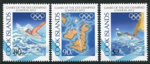 Cook Islands 1413-1415a sheet,MNH. Olympics London-2012.Swimming,Map,Sailing.