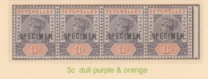 SEYCHELLES 1893 QV 3c SPECIMEN   strip of 4