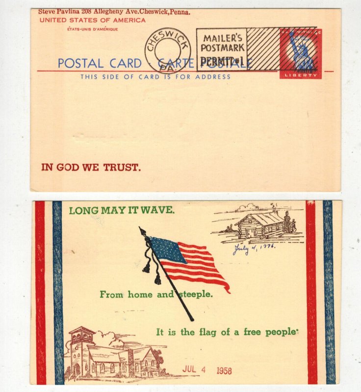 1958 CHESWICK PA PENNSYLVANIA MAILERS POSTMARK PERMIT #1 SET OF 2 JULY 4 CACHETS