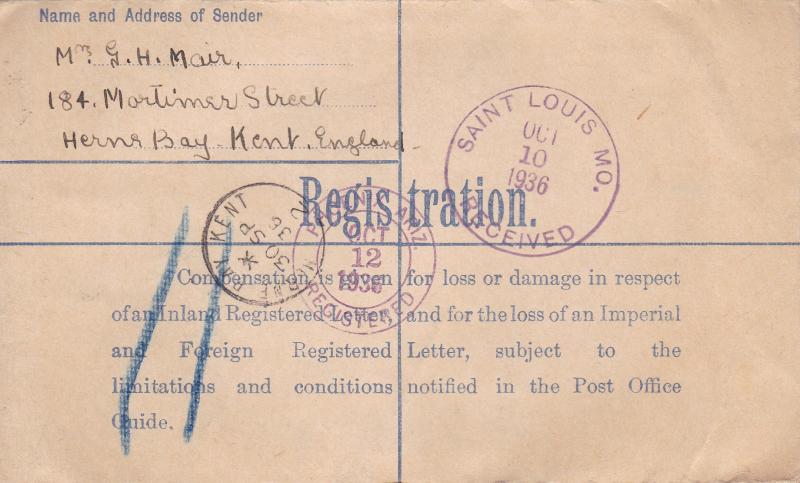 Great Britain 1936 4 1/2d KGV Registration Envelope Herne Bay Kent- Phoenix, AZ.