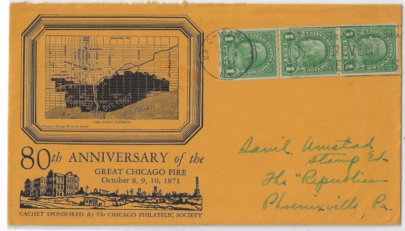 Chicago Phila Soc. 80th anniv Fire cachet w/ related content. 1951.  (a2006