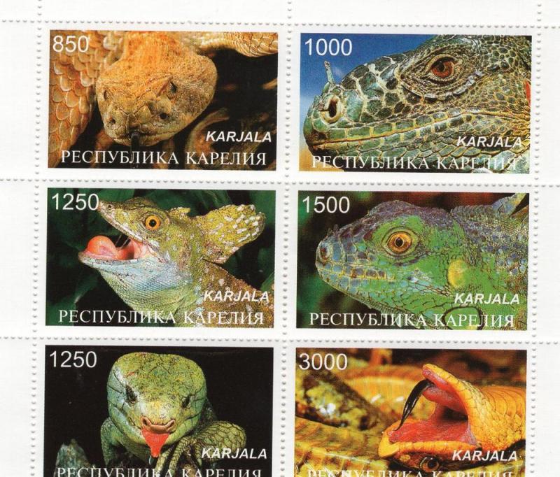 Karjala Sheet/6 and Souvenir Sheet Snakes Crocodiles  #7-12