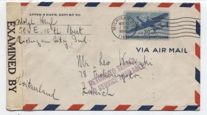 1942 Michigan City In 30ct airmail cover to switzerland service suspended [6599]