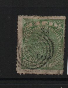Fiji 1872 SG14 6c on 3d yellow green 12.5 perf - used