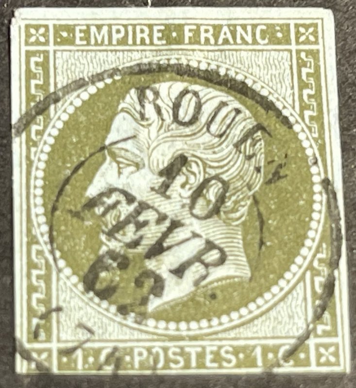 FRANCE # 12-USED---SINGLE--OLIVE GREEN/PALE BLUE PAPER--IAI--1860