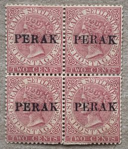 Malaya Perak 1886 2c pale rose in block of 4 with Dropped K. Scott 6, SG 17