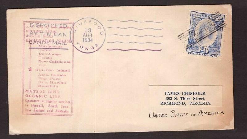 Tonga, 1934 Tin Can Mail cover to USA      -BO19