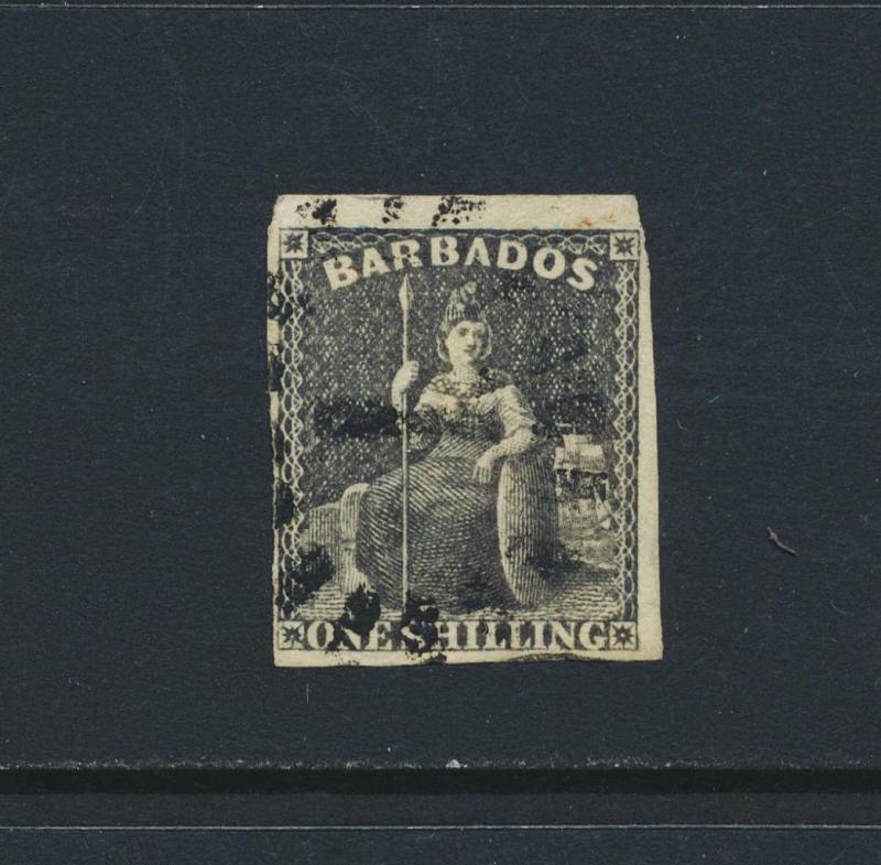 BARBADOS 1858, 1sh BLACK, VF USED 4 MARGIN SG#12a CAT£75 (SEE BELOW)