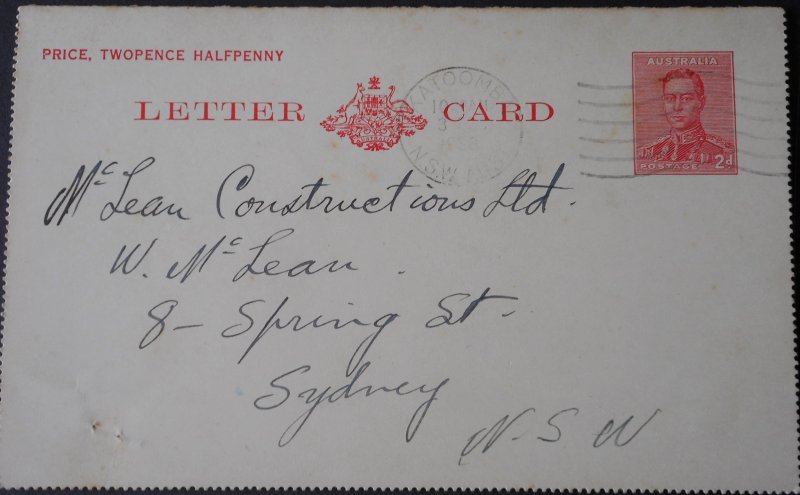 Australia 1938 Two Pence Letter Card to Sydney