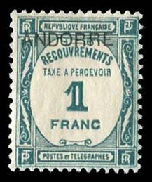 Andorra (French) #J12 Cat$110, 1932 1fr Prussian green, hinged