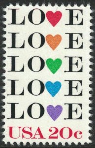 Scott 2072- Love, Rainbow Colored Hearts- 20c MNH 1984- Single Stamp