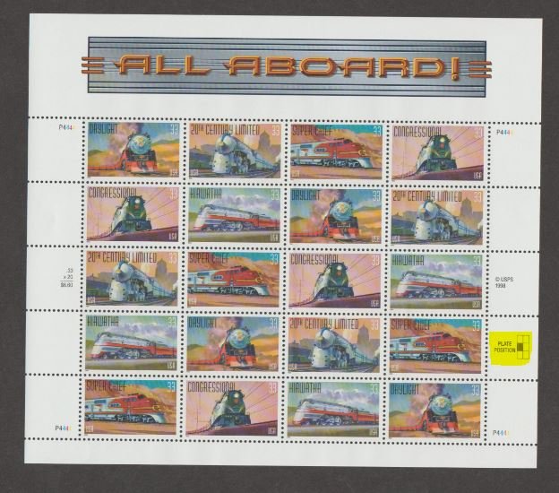 U.S. Scott #3333-3337 Train Stamps - Mint NH Sheet - Highlighted ML Plate