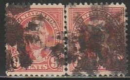 U.S. 561, 9¢ JEFFERSON, USED HORIZ. PAIR, HEAVY CORK CANCEL. F-VF. (955)