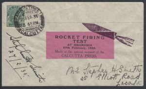 India: Airmails: Rocket mail: 1935 (Feb 27) cover bearing maroon and black...