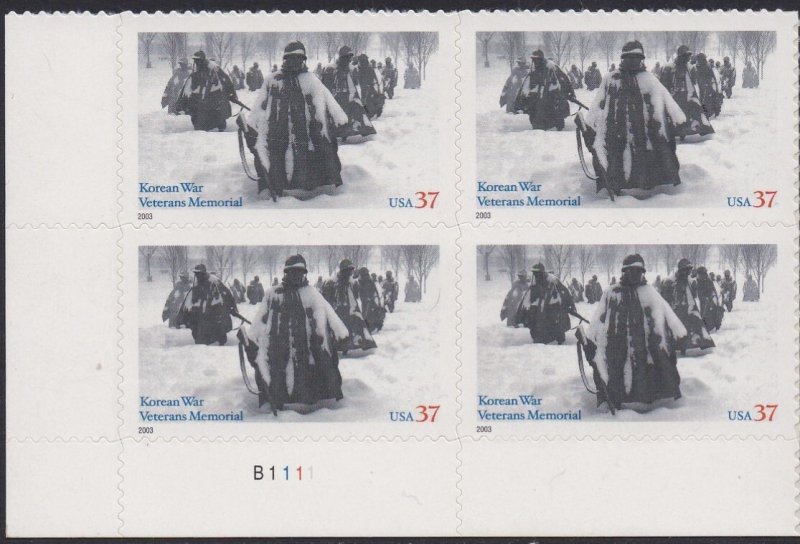 3803 Korean War Veterans Plate Block MNH