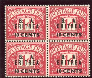 BOFIC-BMA Eritrea 1950 KGVI Postage Due 10c on 1d carmine block MNH. SG ED7.