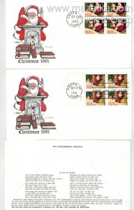 1991 SANTA CLAUS CHRISTMAS SET OF 5 DIFF PLATE # BLOCK FDCs SANTA IDAHO CANCELS