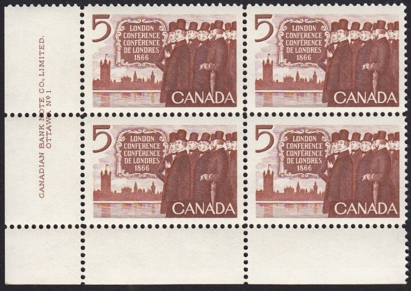 HISTORY = LONDON CONFERENCE = Canada 1966 #448 MNH LL BLOCK of 4 PLATE 1