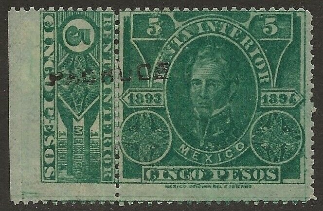 Mexico Revenue 1893-94 Renta Interior 5P Green Fine HR CV 10.00