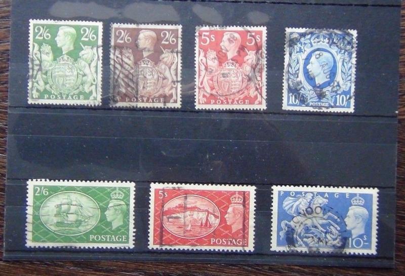 GB KGVI High Values 1939 2/6 Green 2/6 Brown 5s Red 10s 1951 2/6 5s 10s Used