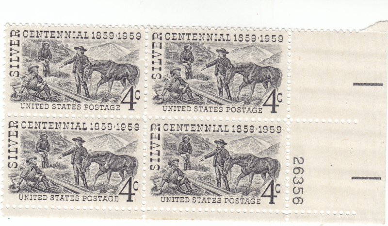 Scott # 1130 - 4c Black - Silver Centennial Issue - plate block of 4 - MH