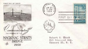 USA 1958 FDC Sc 1109 Mackinac Straits Bridge Artcraft Cachet Michigan