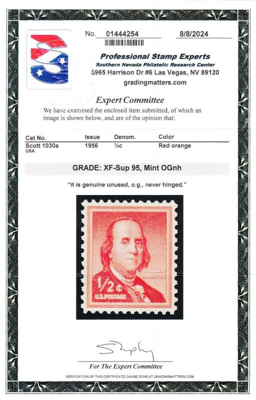 MOstamps - US #1030a Mint OG NH Grade 95 with PSE cert - Lot # MO-5354 SMQ $40