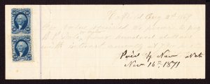 Promissory Note, $400, August 2, 1869, 10c Contract R34c (x2) paying 20c Tax