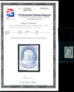 US #9 SCV $1500 XF mint hinged, w/CERT,  a select mint US #9 with certificate...