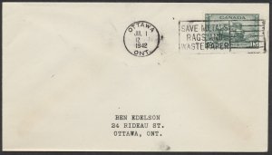 1942 #258 13c Tank War Issue FDC Ottawa Save Metals... Slogan