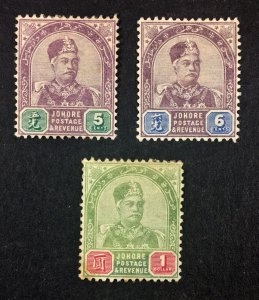 MOMEN: MALAYA JOHORE SG #25-27 1891 MINT OG H £100 LOT #68410*