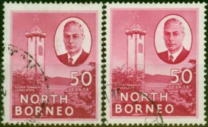 North Borneo 1950 50c Jessleton & Jesselton SG366 & 366a Fine Used 