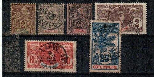 Ivory Coast Scott 2,8,10,22,25,27 Used (#2 is mint hinged) -Catalog Value $29.50