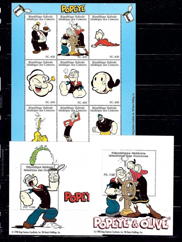 Comoro Is 832L-W MNH 1998 Popeye sheet and S/S