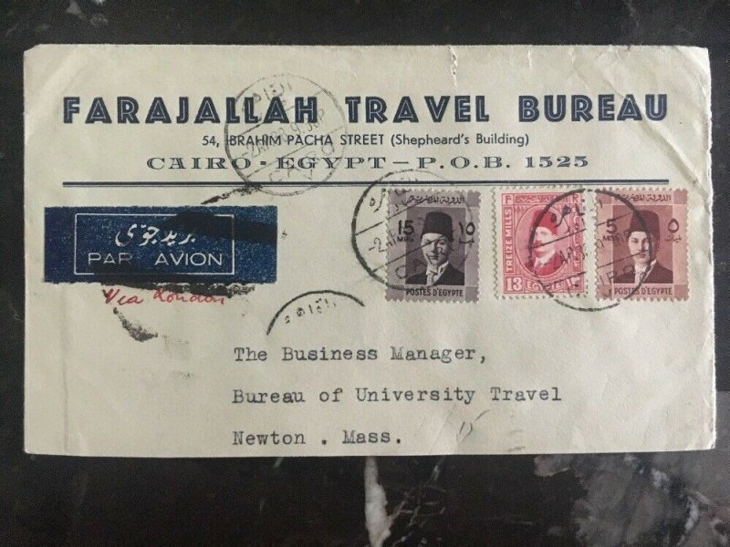 1938 Cairo Egypt Commercial Cover to University Travel Bureau Newton Usa