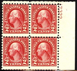 U.S. #583 MINT PL# BLOCK OG NH 