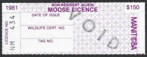 1981 Canada MANITOBA Non Resident $150 MOOSE LICENSE Hunting Revenue VF-