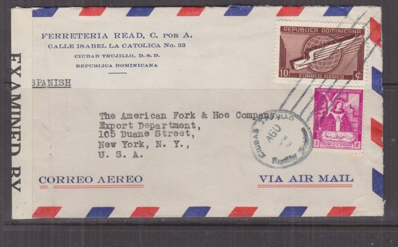 DOMINICAN REPUBLIC, 1944 Airmail Censored cover to USA, 3c. & 10c.