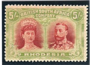 RHODESIA-1910-13 5/- Scarlet & Pale Yellow Green fine mounted mint  Sg 160