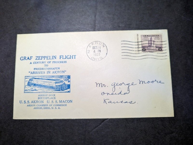 1933 USA LZ 127 Graf Zeppelin Airmail Cover Akron OH to Oneida KS
