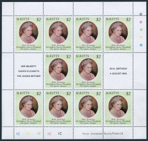 St Kitts 44 sheet/10-2 labels, MNH. Michel 39. Queen Mother Elizabeth-80, 1980.