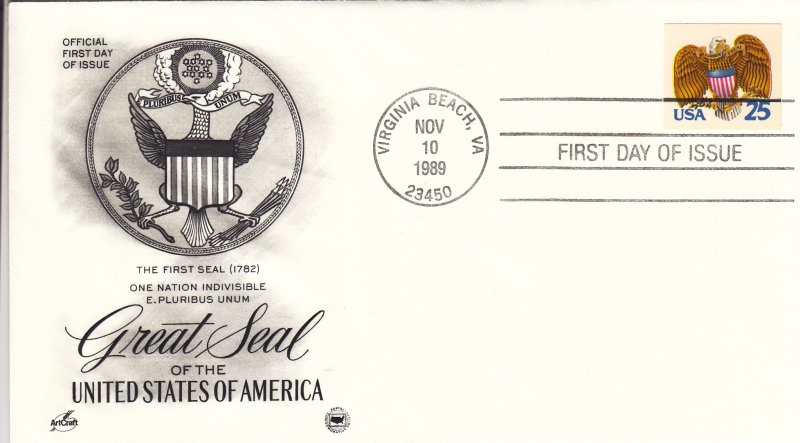 1989, 25c Great Seal of US, FDC, Artcraft/PCS (E9205)