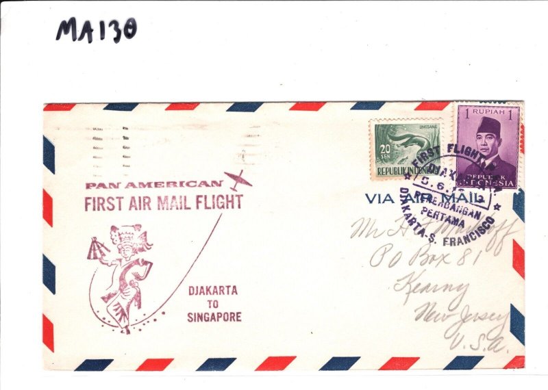 INDONESIA Air Mail Cover FIRST FLIGHT PAN-AM SINGAPORE Djakarta 1959 USA MA130