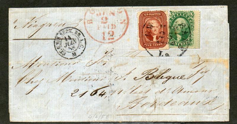 US Sc #28 & 33 New Orleans to France May 25, 1858 15c Rate CV $5550 Rare