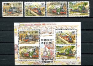 Ireland SC# 956-9, 959a Narrow Gauage Railways Stamps and Souvenir Sheet  MNH