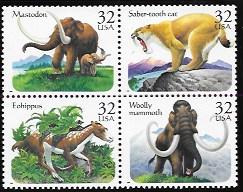 US MNH Block #3077-80 Prehistoric Animals - saber-tooth cat, mammoth. . .