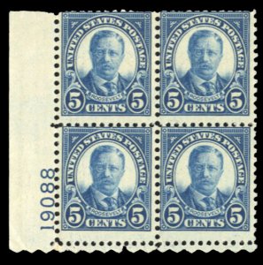 United States, 1910-30 #637 Cat$17.50, 1927 5c dark blue, plate block of four...