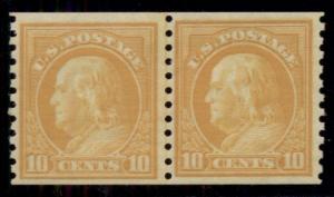 US #497 10¢ orange yellow, Joint Line Pair, og, NH, VF, Scott $260.00